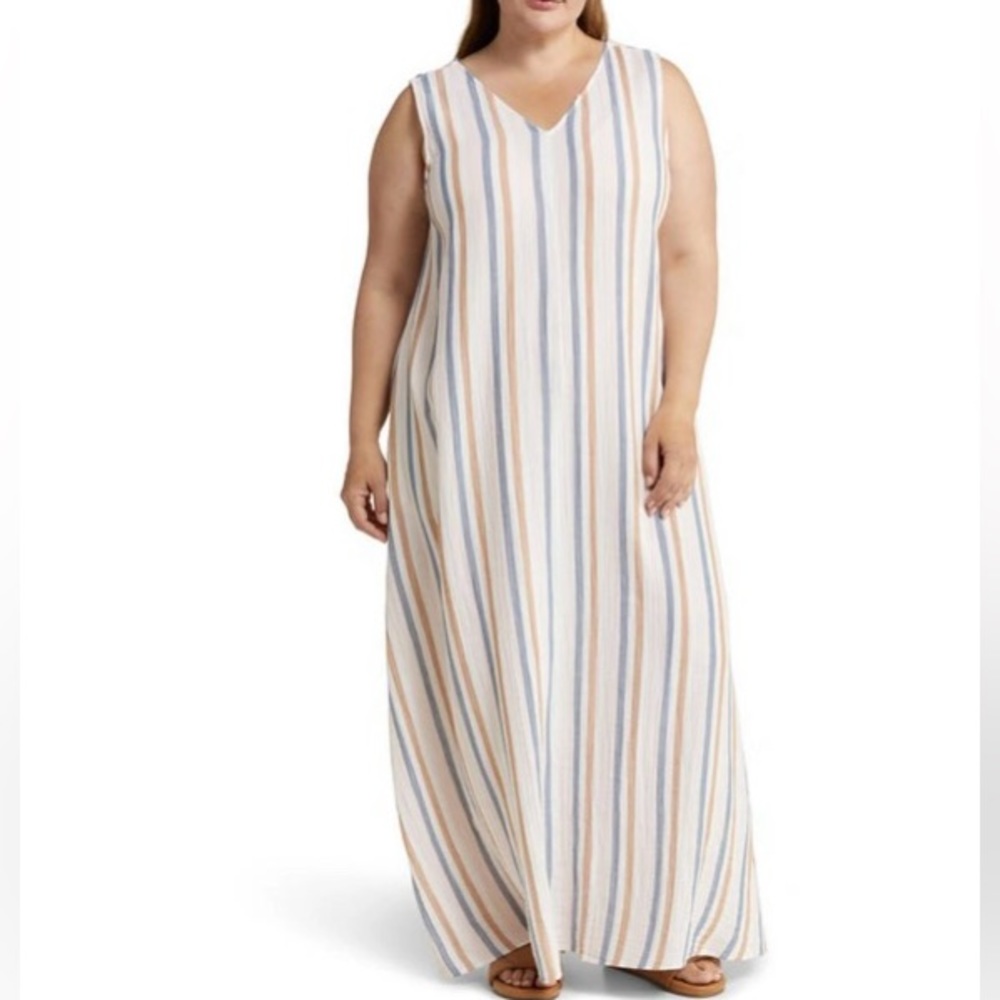 CaslonR NWOT Sleeveless Cotton Maxi Dress in Pink Lotus- Tan Napa Stripe size 2X